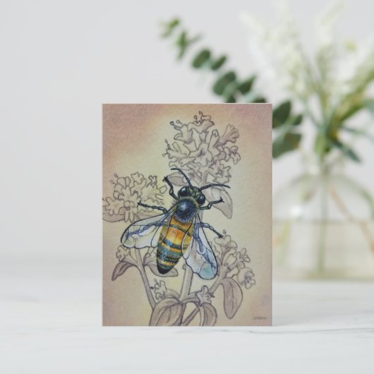 ヴィンテージビー7番とワイルドフラワーウォーターカラーアート ポストカード (スタンド正面)