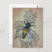 ヴィンテージビー7番とワイルドフラワーウォーターカラーアート ポストカード (正面/裏面)