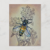 ヴィンテージビー7番とワイルドフラワーウォーターカラーアート ポストカード (正面)