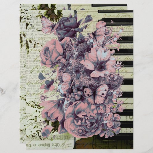 ヴィンテージピアノと花オンオールド紙 (正面/裏面)