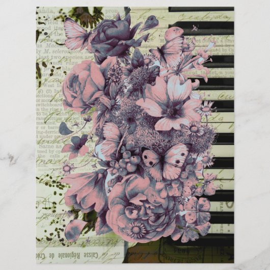 ヴィンテージピアノと花オンオールド紙 (正面)