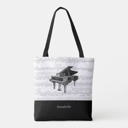 ヴィンテージピアノミュージックスコアブラック&ホワイトトートバッグ トートバッグ (裏面)