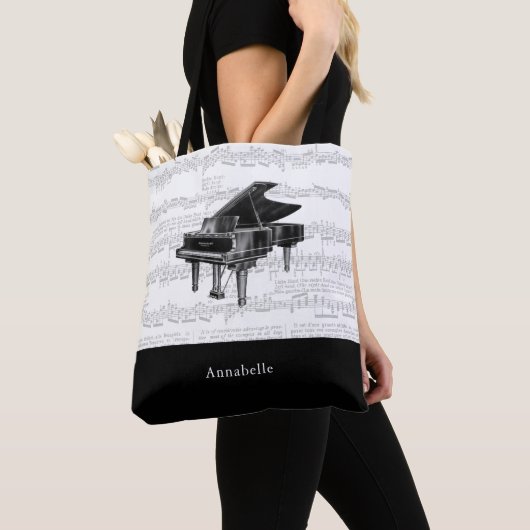 ヴィンテージピアノミュージックスコアブラック&ホワイトトートバッグ トートバッグ (クローズアップ)