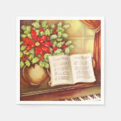 ヴィンテージピアノ、ナイトポ静かイントセチアのクリスマス スタンダードカクテルナプキン (正面)