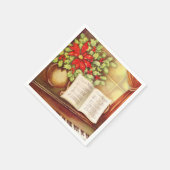 ヴィンテージピアノ、ナイトポ静かイントセチアのクリスマス スタンダードカクテルナプキン (角)