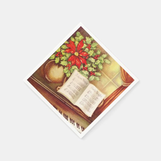 ヴィンテージピアノ、ナイトポ静かイントセチアのクリスマス スタンダードカクテルナプキン (角)