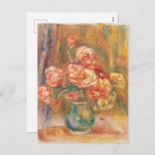 ヴィンテージピエールオーギュストルノアール花瓶のバラ シーズンポストカード (正面/裏面)