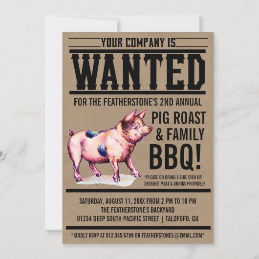 ヴィンテージピグローストファミリーBBQ招待状 招待状 (正面)