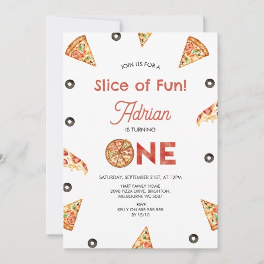 ヴィンテージピザとオリーブのおもしろいのスライス1番目の誕生日 招待状 (正面)