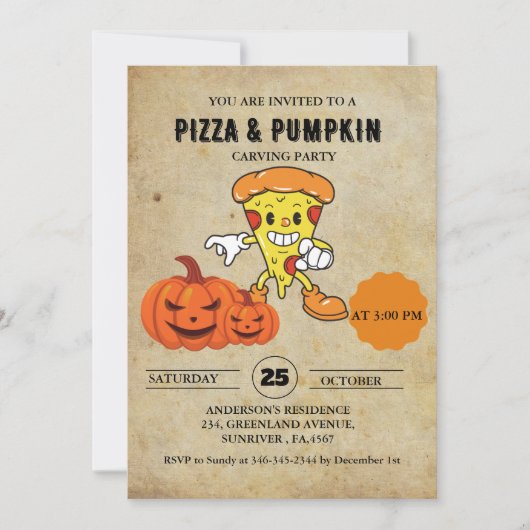 ヴィンテージピザとカボチャ彫刻ハローウィンパーティ 招待状 (正面)