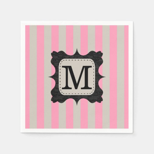 ヴィンテージピストライプンクパターン黒カスタムモノグラム スタンダードカクテルナプキン (正面)
