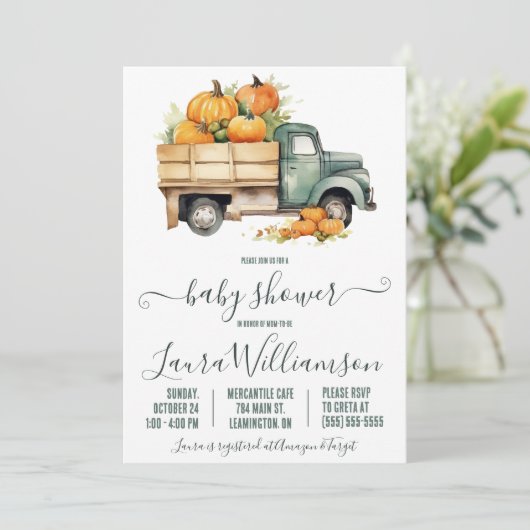 ヴィンテージピックアップトラックとカボチャのベビーシャワー 招待状 (スタンド正面)