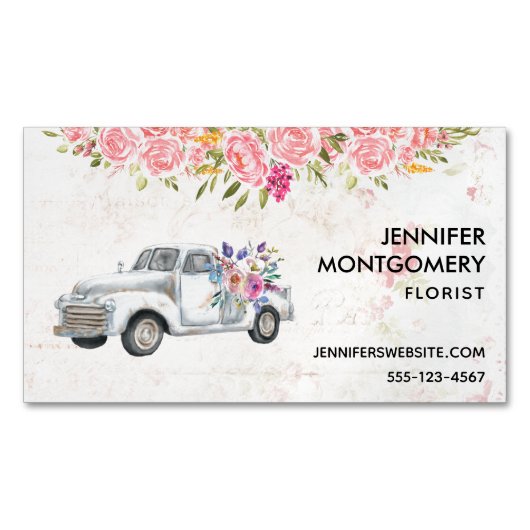 ヴィンテージピックアップトラックと花素朴水彩 マグネット名刺 (正面)