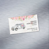 ヴィンテージピックアップトラックと花素朴水彩 マグネット名刺 (インサイチュ)