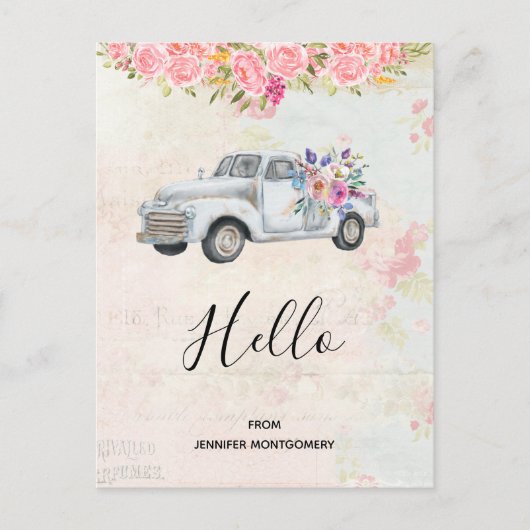 ヴィンテージピックアップトラック素朴の水色こんにちは ポストカード (正面)