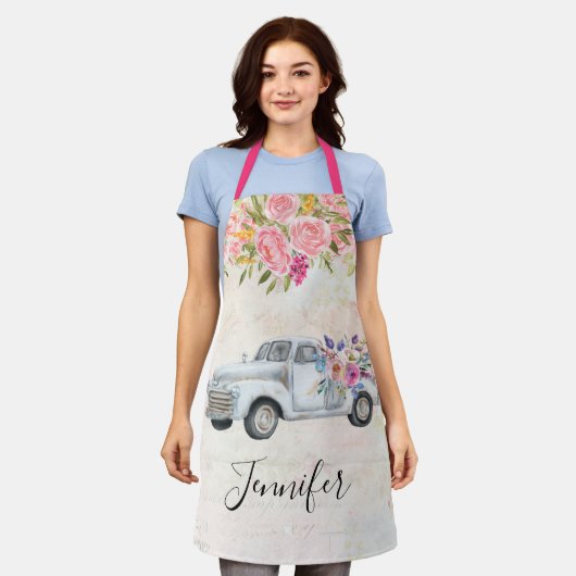 ヴィンテージピックアップトラック素朴の水色 エプロン (着用した状態)