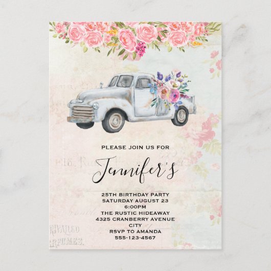 ヴィンテージピックアップトラック素朴水彩誕生日 インビテーションポストカード (正面)