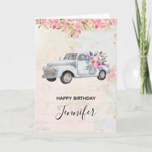ヴィンテージピックアップトラック素朴水彩誕生日 カード (正面)