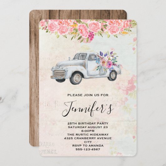 ヴィンテージピックアップトラック素朴水彩誕生日 招待状 (正面/裏面)