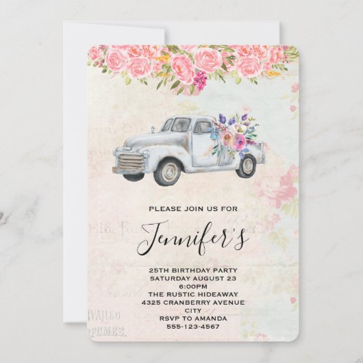 ヴィンテージピックアップトラック素朴水彩誕生日 招待状 (正面)