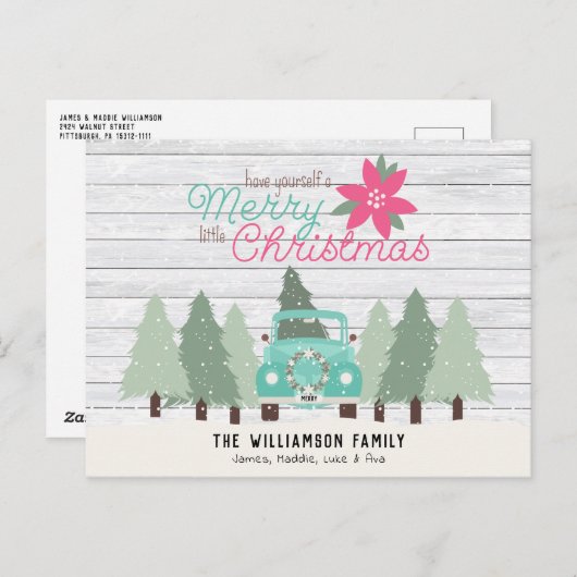 ヴィンテージピックアップトラック&ツリーズファームハウスクリスマス ポストカード (正面/裏面)