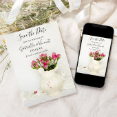 ヴィンテージピッチャーのピンクローズの結婚式の日付を保存 セーブザデート