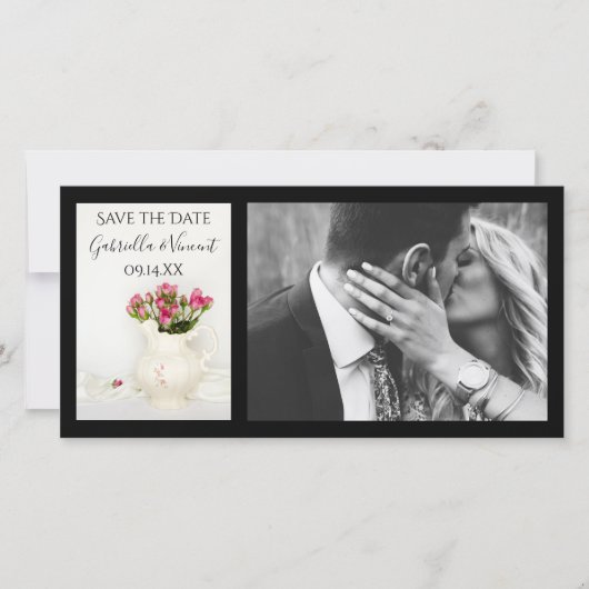 ヴィンテージピッチャーのピンクローズの結婚式の日付を保存 セーブザデート (正面)