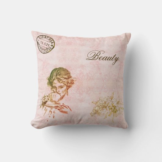 ヴィンテージピモダンンクエレガントフラワーガールコーヒー クッション (正面)