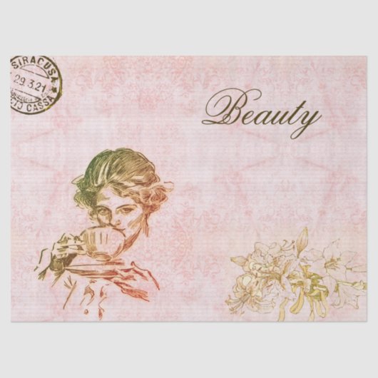 ヴィンテージピモダンンクエレガントフラワーガールコーヒー 薄葉紙 (正面)