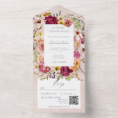 ヴィンテージピンと黄色フローラのピンクQRコード オールインワン招待状 (内側)