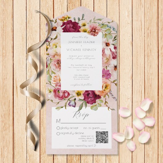 ヴィンテージピンと黄色フローラのピンクQRコード オールインワン招待状