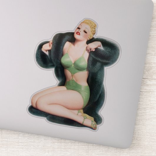 ヴィンテージピンアップガールとファーコートイラストレーションアート シール (詳細)