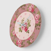 ヴィンテージピンエレガントクローズオールドバラ背景 ラージ壁時計 (傾斜)