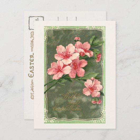 ヴィンテージピンクさくらんぼの花と復活祭の挨拶 ポストカード (正面/裏面)