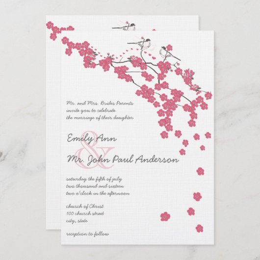 ヴィンテージピンクさくらんぼブロッサム結婚《鳥》アメリカゴガラ 招待状 (正面/裏面)