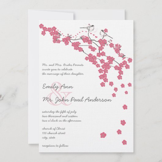 ヴィンテージピンクさくらんぼブロッサム結婚《鳥》アメリカゴガラ 招待状 (正面)