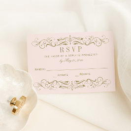 ヴィンテージピンクとアンティーク金ゴールドフローリッシュ結婚ズ 出欠カード