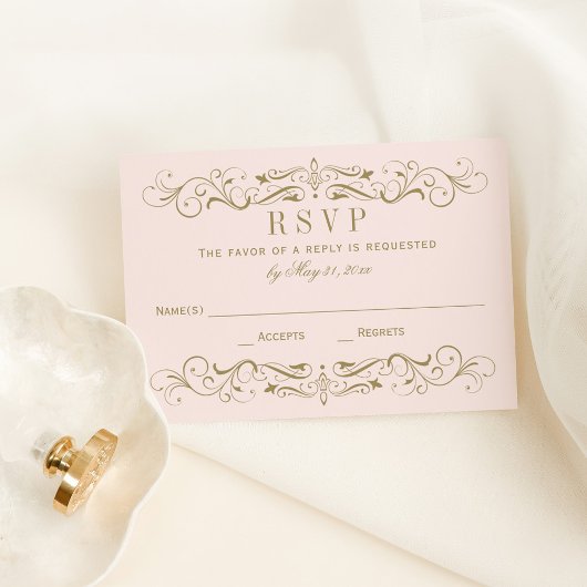 ヴィンテージピンクとアンティーク金ゴールドフローリッシュ結婚ズ 出欠カード