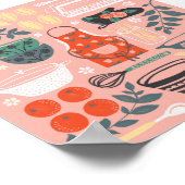 ヴィンテージピンクとグリーンキッチンフローライラストレーション ポスター (角)