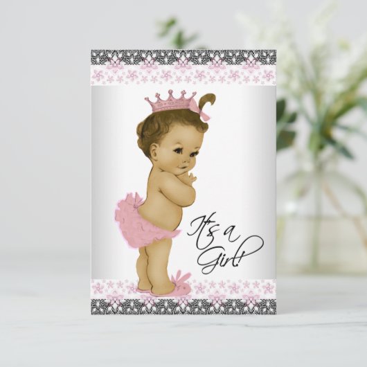 ヴィンテージピンクとグレーのベビーガールシャワー 招待状 (スタンド正面)