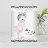 ヴィンテージピンクとグレーのベビーガールシャワー 招待状 (スタンド正面)