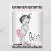 ヴィンテージピンクとグレーのベビーガールシャワー 招待状 (正面)