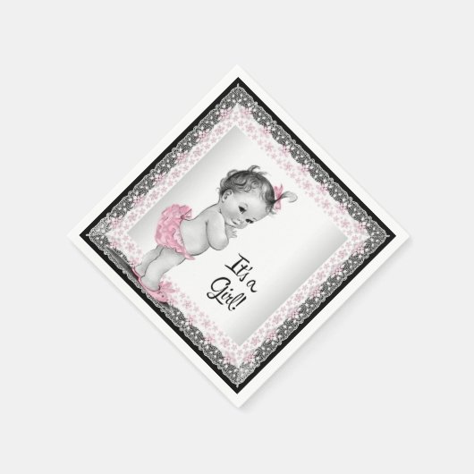 ヴィンテージピンクとグレーの赤ちゃんシャワー スタンダードカクテルナプキン (角)
