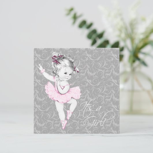 ヴィンテージピンクとグレーの赤ちゃんシャワー 招待状 (スタンド正面)