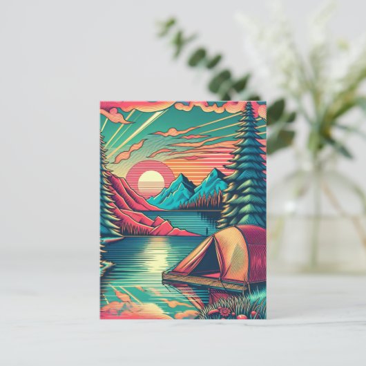 ヴィンテージピンクとターコイズのキャンプをテーマにした誕生日 ポストカード (スタンド正面)