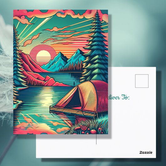 ヴィンテージピンクとターコイズのキャンプをテーマにした誕生日 ポストカード