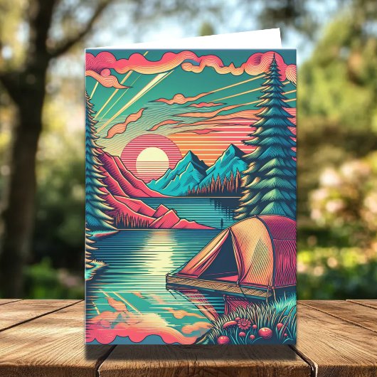 ヴィンテージピンクとティール(緑がかった色)キャンピングをテーマにした誕生日 カード