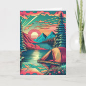 ヴィンテージピンクとティール(緑がかった色)キャンピングをテーマにした誕生日 カード (正面)