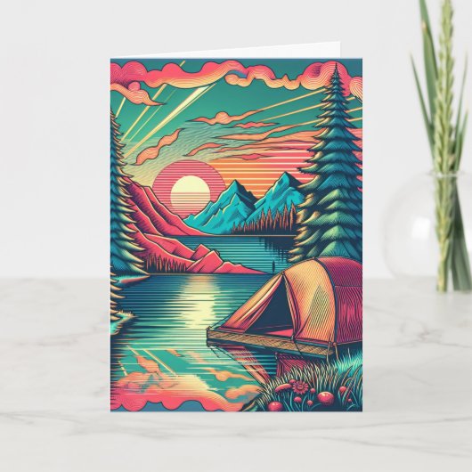 ヴィンテージピンクとティール（緑がかった色）キャンピングをテーマにした誕生日 カード (正面)
