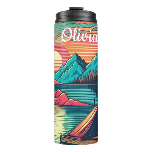 ヴィンテージピンクとティール（緑がかった色）キャンピングパーソナライズされた タンブラー (正面)